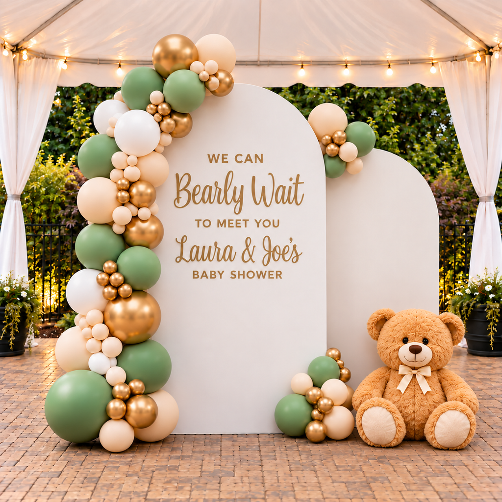 We Can Bearly Wait Themed Wall with Customization and Balloon Garland