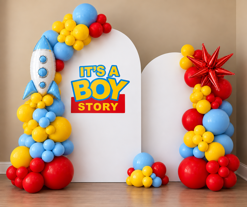It's A Boy Story/ It's A Girl Story Themed Balloon Arch with Balloon Garlands