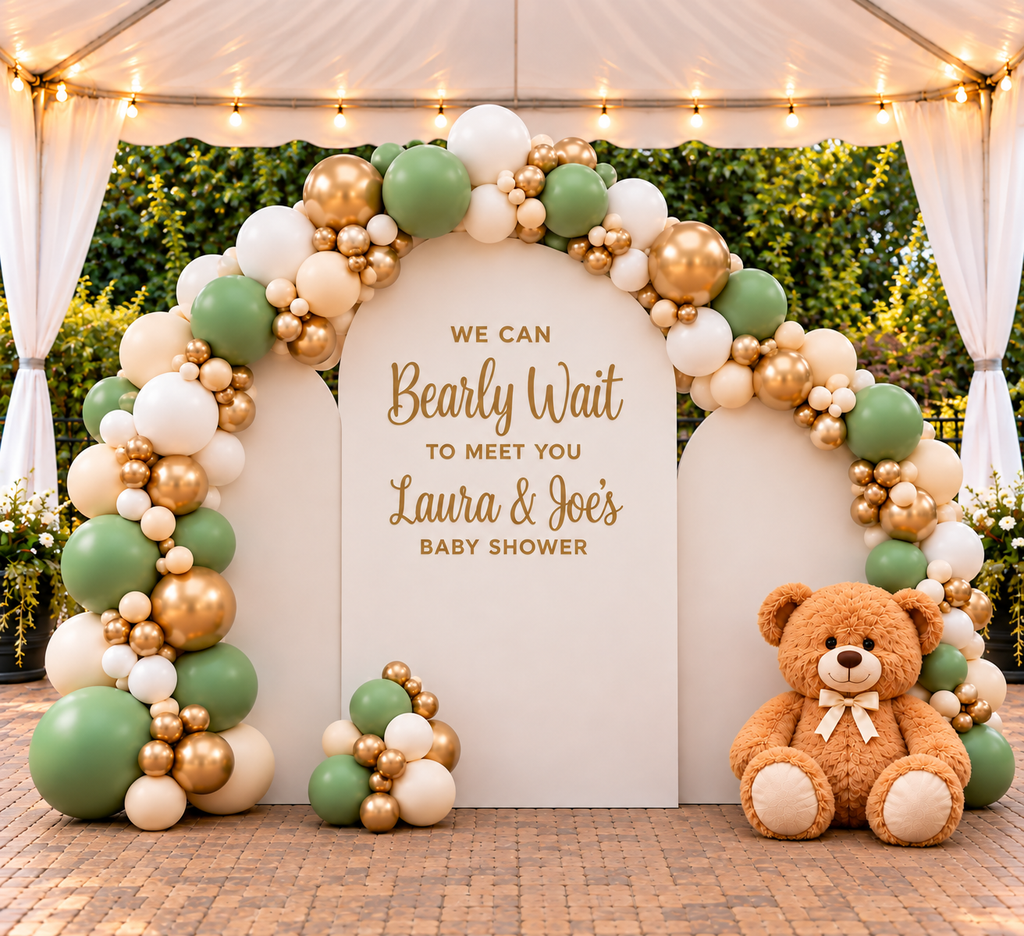 We Can Bearly Wait Themed Wall with Customization and Balloon Garland